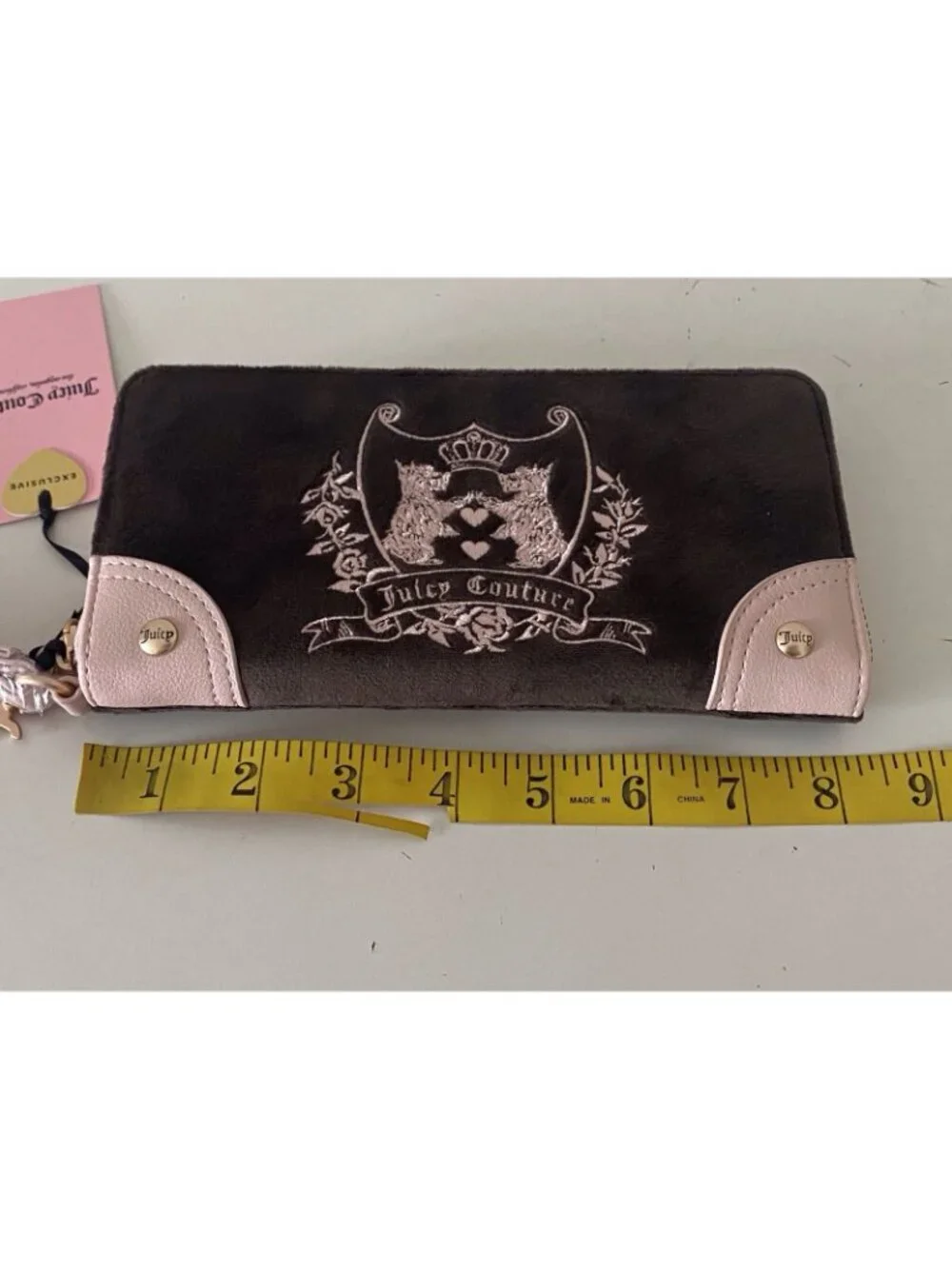 Juicy Couture New Love Chapter Large Zip Wallet Wristlet Chocolate Brown Scottie